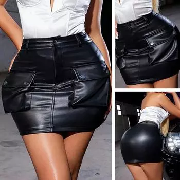 Женская черная кожаная юбка Rave Y2K с высокой талией, клапаном, 3D-карманом, пуговицами, повседневная женская облегающая мини-юбка А-силуэта из искусственной кожи S чёрный