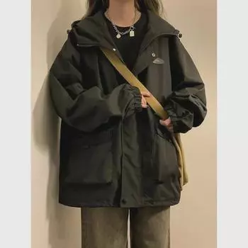 Женская черная куртка с капюшоном — весенне-осенний студенческий стиль, свободный облегающий крой, ретро-тенденция гонконгской рабочей одежды M