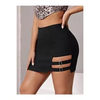 Женская черная мини-юбка с двойной пряжкой