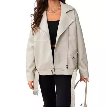 Женская черная мотоциклетная куртка с лацканами, пальто на молнии в стиле ретро S белый