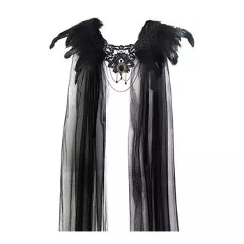 Женская черная накидка-болеро из перьев, накидка на плечи, готический эполет из перьев, накидка с кружевным воротником и тюлевой вуалью, аксессуар для костюма на Хэллоуин чёрный