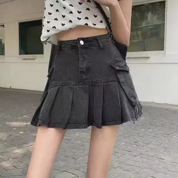 Юбка А-силуэта с высокой талией и плиссировкой в американском стиле для женщин, дизайн лето 2025 S чёрный