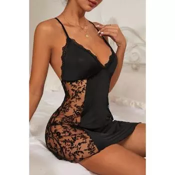 Женская черная прозрачная кружевная ночная рубашка с глубоким вырезом и крестом на спине