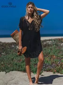 Женская черная рубашка с v-образным вырезом и короткими рукавами, туника, летняя одежда, купальник, накидка, домашняя одежда, домашнее платье Q710 One Size чёрный