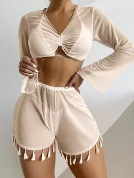 Женская черная сетчатая блузка с длинными рукавами и шорты с бахромой, сексуальный купальник из двух частей L чёрный