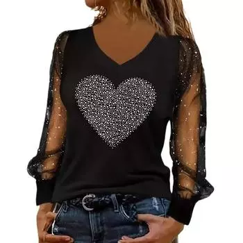 Женская черная сетчатая футболка с круглым вырезом и длинным рукавом Hot Diamond 4XL