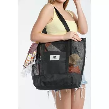 Женская черная сетчатая пляжная сумка с карманом