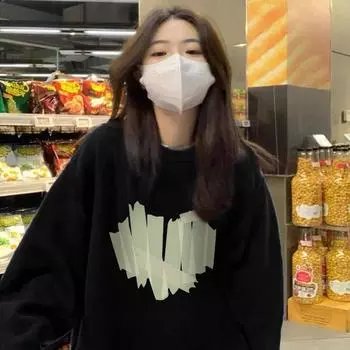 Женская черная толстовка в стиле ретро с принтом, с круглым вырезом и длинным рукавом, свободный повседневный флисовый пуловер с капюшоном M