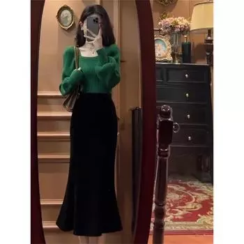 Женская черная трикотажная юбка-рыбий хвост со свитером средней длины L skirt чёрный