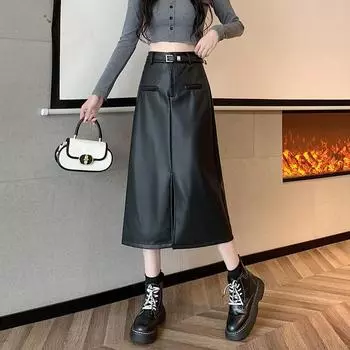 Женская черная юбка из искусственной кожи весна-осень с завышенной талией, узкая, с разрезом и запахом на бедрах, длинная юбка S чёрный