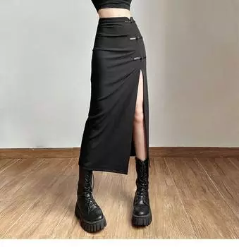Женская черная юбка-миди с разрезом Y2K, повседневные готические уличные юбки с высокой талией в корейском стиле, универсальные юбки S чёрный