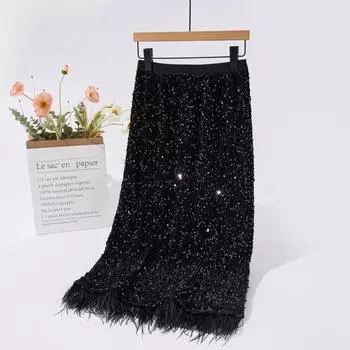 Женская черная юбка с перьями и блестками, осенне-весенняя вечерняя хип-юбка, тонкая фестивальная женская шикарная нижняя часть C-214 One Size чёрный