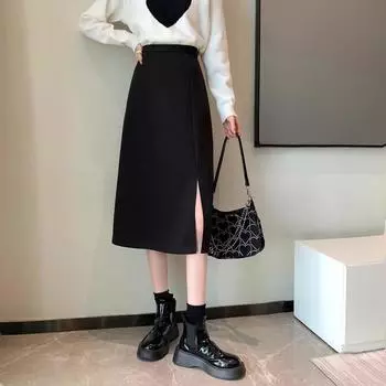 Женская черная узкая юбка миди с высокой талией и разрезом - коллекция весна 2024 г. L кофейный