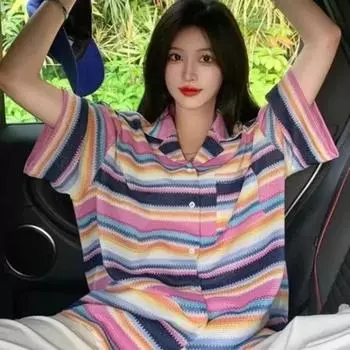 Женская цветная контрастная полосатая рубашка, летние универсальные блузки с короткими рукавами для девочек, топы для пар с воротником-лацканом M розовый