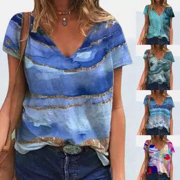 Женская цветная пляжная волнистая футболка с v-образным вырезом и короткими рукавами L разноцветный