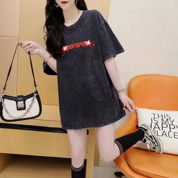 Женская дизайнерская футболка с коротким рукавом и воротником-стойкой, выстиранная и состаренная M чёрный