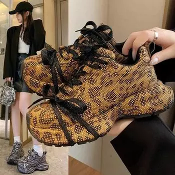 Женская дизайнерская обувь 2024 года, последняя модель, роскошные женские кроссовки со стразами, повседневные туфли на шнуровке для папы Zapatos De Mujer 35 цветной печати леопарда