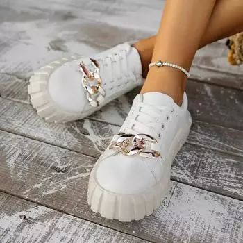 Женская дизайнерская обувь на плоской подошве 2024 года, осенние металлические белые женские повседневные кроссовки на толстой платформе, модная обувь zapatillas mujer 36 чёрный