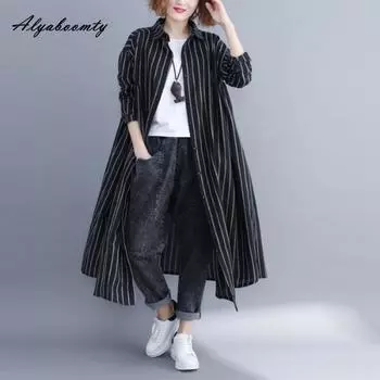 Женская длинная блузка больших размеров на осень и весну больших размеров, повседневная свободная черная, белая, серая, темно-синяя полосатая кардиган, элегантная женская рубашка One Size серый