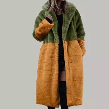 Женская длинная цветная модная зимняя свободная куртка с отложным воротником из плюша L армия зеленый