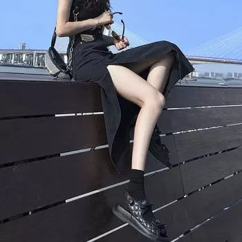 Женская длинная джинсовая юбка, винтажная джинсовая юбка с высокой посадкой, женские прямые юбки-карандаш трапециевидной формы с разрезом по бокам S чёрный