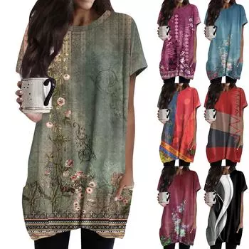 Женская длинная футболка миди с круглым вырезом и карманом, винтажная длинная футболка с цветочным принтом и коротким рукавом