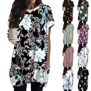 Женская длинная футболка миди с круглым вырезом и карманом, винтажная длинная футболка с цветочным принтом и коротким рукавом XXL синий