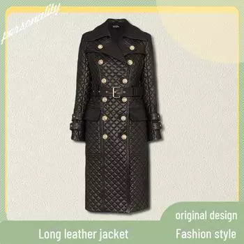 Женская длинная кожаная куртка из овчины, зима 2024 г., двубортная, на шнуровке, облегающего кроя. 3X Large чёрный