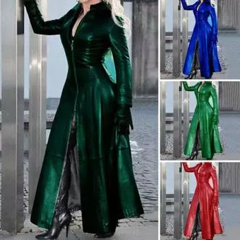 Женская длинная куртка из искусственной кожи с воротником на лацкане на молнии Киберпанк Пальто с узкой талией и разрезом подол Повседневная свободная однотонная куртка Модная осень L