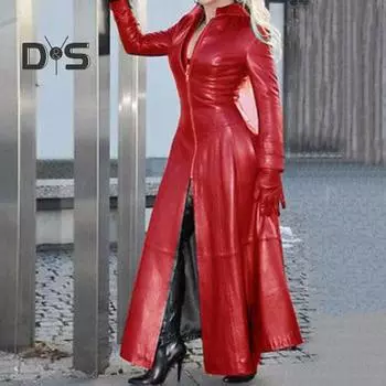 Женская длинная куртка из искусственной кожи с воротником-стойкой, застежкой-молнией, пальто в стиле киберпанк, узкая талия, разрез по низу, повседневная свободная однотонная куртка, модная осень-зима L темно-зеленого