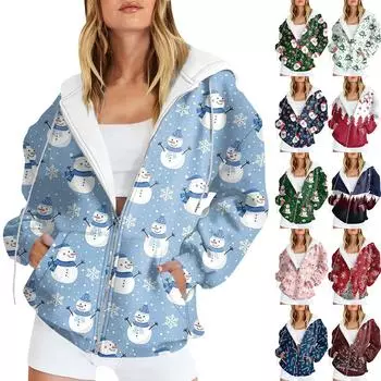 Женская длинная куртка-кардиган с рождественским принтом и карманами на молнии с капюшоном L