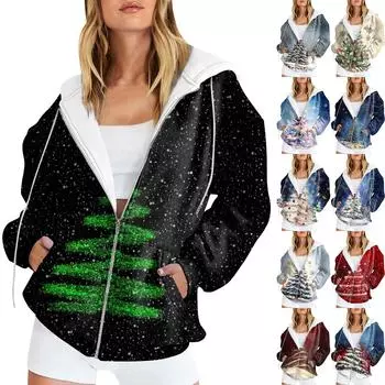 Женская длинная куртка-кардиган с рождественским принтом и карманами на молнии с капюшоном S