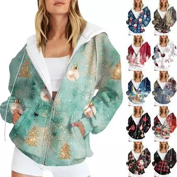 Женская длинная куртка-кардиган с рождественским принтом и карманами на молнии с капюшоном XL синий