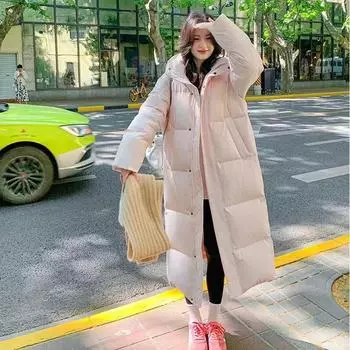 Женская длинная куртка-пуховик выше колена с большим карманом, утолщенная, 2024, зима, новая, высококачественная, супердлинная, пара, большое одеяло S