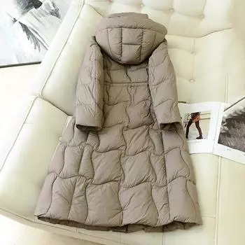 Женская длинная куртка с завязками на талии и тонким пухом 2024 года, зимняя ветрозащитная белая теплая куртка на утином пуху с капюшоном M does not support returns чёрный