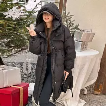 Женская длинная легкая куртка-пуховик осень-зима с капюшоном, свободный прямой белый пуховик, воротник-стойка, однотонный, большой карман S чёрный