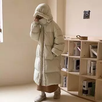 Женская длинная легкая пуховая куртка осень-зима с капюшоном, свободная, прямая, большого размера, белое утиное пуховое пальто с воротником-стойкой, большим карманом, однотонная S чёрный