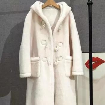 Женская длинная норковая бархатная шуба осень-зима, толстая теплая свободная парка с роговой пряжкой и симпатичным капюшоном M белый