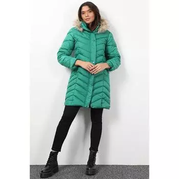 Женская длинная пуховая куртка с меховым капюшоном, зеленая