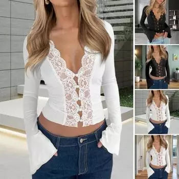 Женская длинная расклешенная рубашка с V-образным вырезом, укороченный топ, кружевная прозрачная рубашка, повседневная блузка на пуговицах для повседневной носки на осень XL чёрный