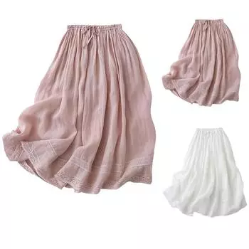 Женская длинная распашная юбка из однотонного хлопка и льна в литературном и ретро-стиле L розовый