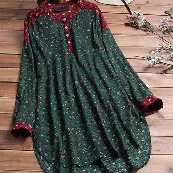 Женская длинная рубашка больших размеров с принтом и воротником-стойкой, винтажные топы и пуговицы, свободная модная хлопково-льняная блузка с длинным рукавом M зелёный