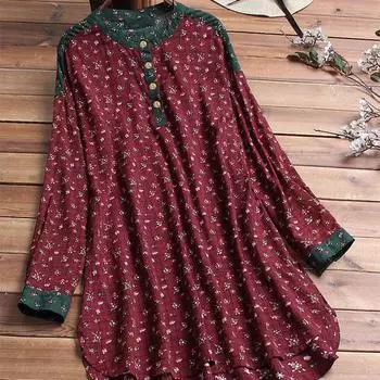 Женская длинная рубашка больших размеров с принтом и воротником-стойкой, винтажные топы и пуговицы, свободная модная хлопково-льняная блузка с длинным рукавом M синий