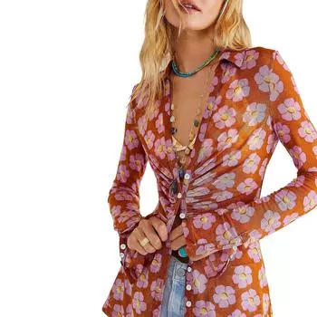 Женская длинная рубашка на пуговицах, повседневная блузка с длинным рукавом и принтом, облегающие рабочие топы для уличной одежды S фиолетовый