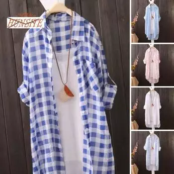 Женская длинная рубашка с клетчатым принтом и рукавом три четверти, неровный подол, тонкий солнцезащитный крем с лацканами, свободный однобортный женский топ в корейском стиле 2XL светло-синий