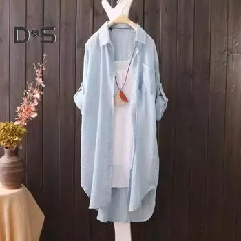 Женская длинная рубашка с клетчатым принтом, рукавом три четверти, неровным подолом, тонкими солнцезащитными лацканами, свободная однобортная женская рубашка в корейском стиле L светло-синий