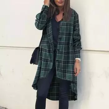 Женская длинная рубашка в клетку с длинным рукавом и воротником с лацканами, куртка с нерегулярным подолом, повседневный модный длинный кардиган размера плюс зелёный