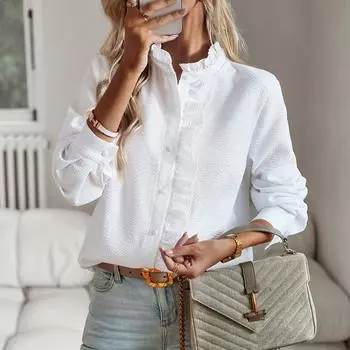 Женская длинная рубашка в полоску с кружевным воротником на пуговицах, осенне-зимние белые рубашки для офиса, женская блузка S синий