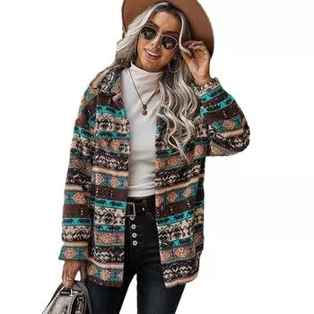 Женская длинная рукава лацкан свободного покроя ретро плюшевая куртка L зелёный