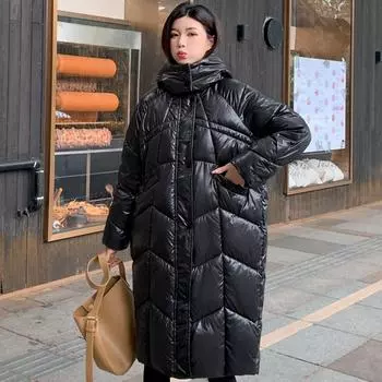 Женская длинная стеганая куртка большого размера, новинка 2023 года, модное зимнее женское холодное пальто с капюшоном на молнии, свободные толстые теплые парки в корейском стиле 2XL чёрный